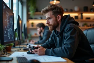 Développeur de jeux vidéo tenant une manette de console moderne dans un studio de développement contemporain, illustrant la compétition entre les prochaines consoles Xbox et PS6
