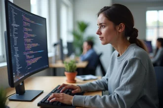 Développeuse web concentrée sur du code CSS avec propriétés z-index affichées sur un grand écran dans un bureau moderne
