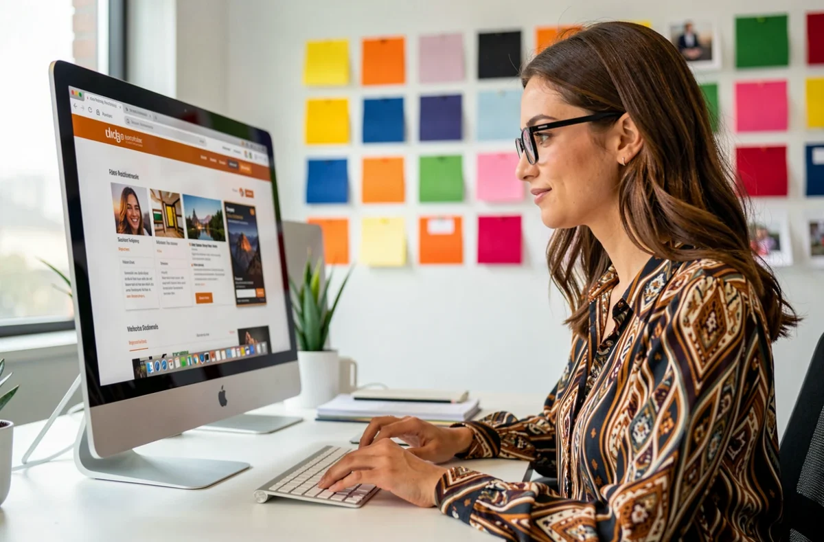 Designer de l'agence Digitale Deluxe travaillant sur une maquette de site web haut de gamme devant un grand écran avec des moodboards colorés en arrière-plan