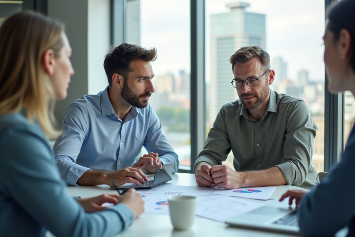 Homme et jeune collègue discutant stratégie SEO en réunion