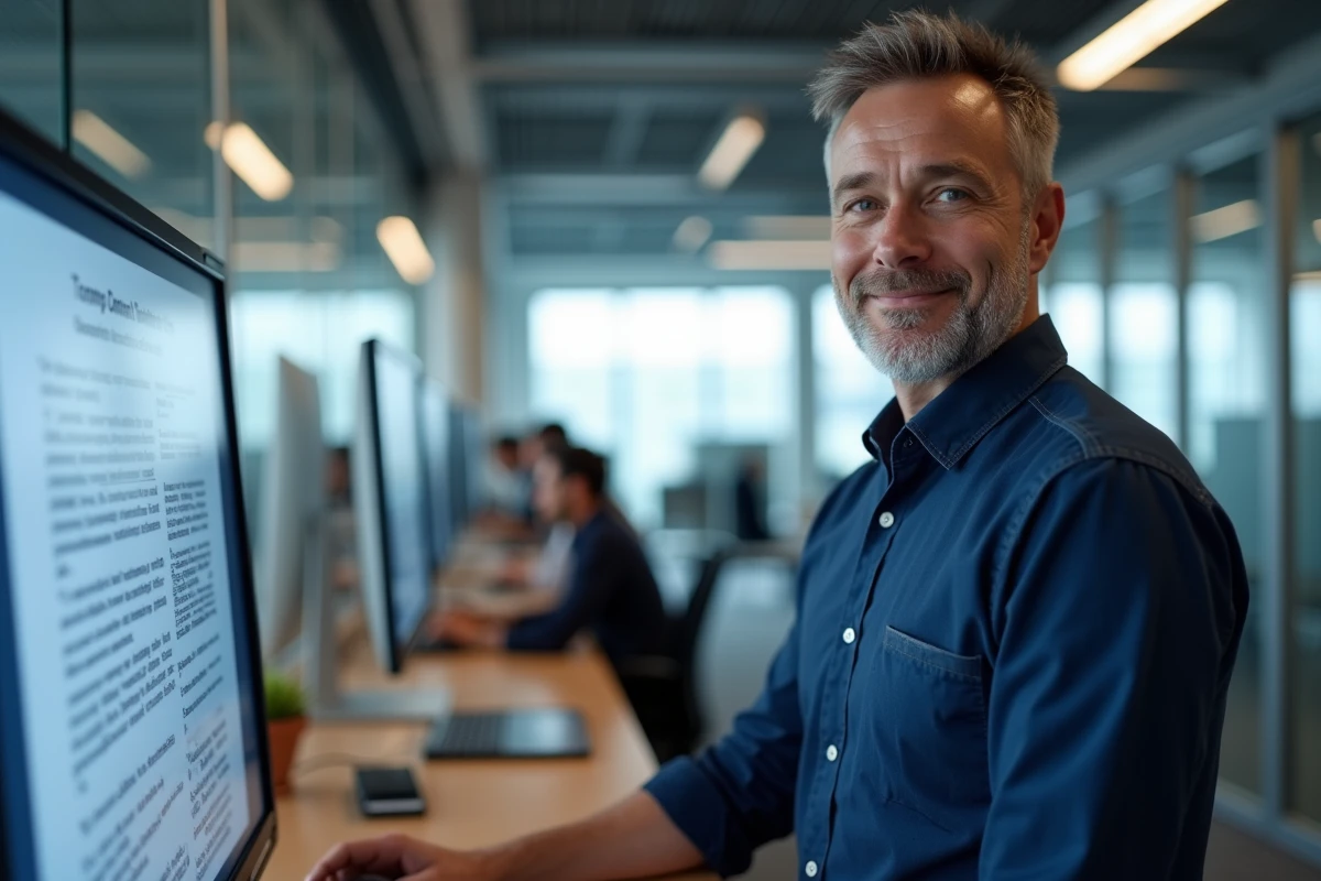 Homme professionnel consultant un document Word converti depuis un PDF sur un grand écran de bureau