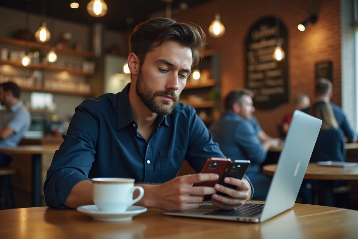 Homme utilisant deux smartphones simultanément dans un café urbain, symbolisant la gestion de comptes Instagram multiples