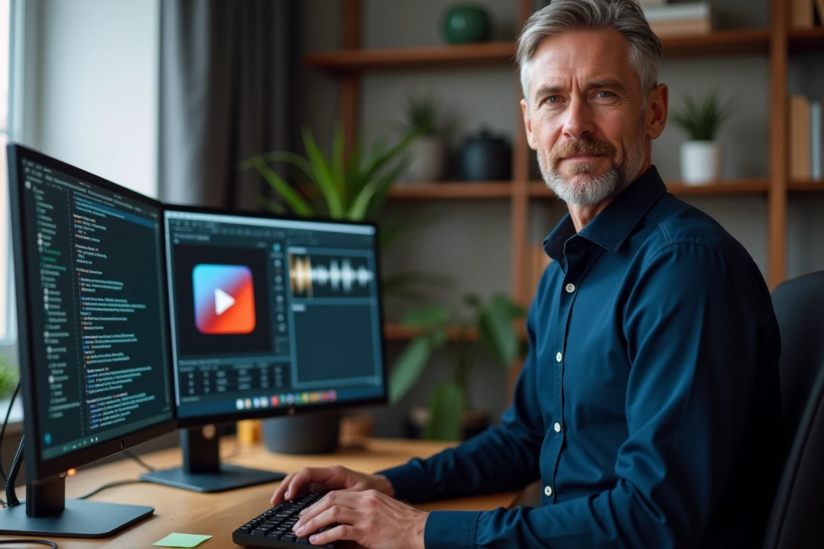 Homme utilisant deux écrans pour convertir une vidéo YouTube en fichier WAV avec un logiciel hors ligne