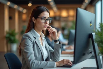 Employée consultantun intranet d'entreprise sur ordinateur de bureau dans un open space moderne
