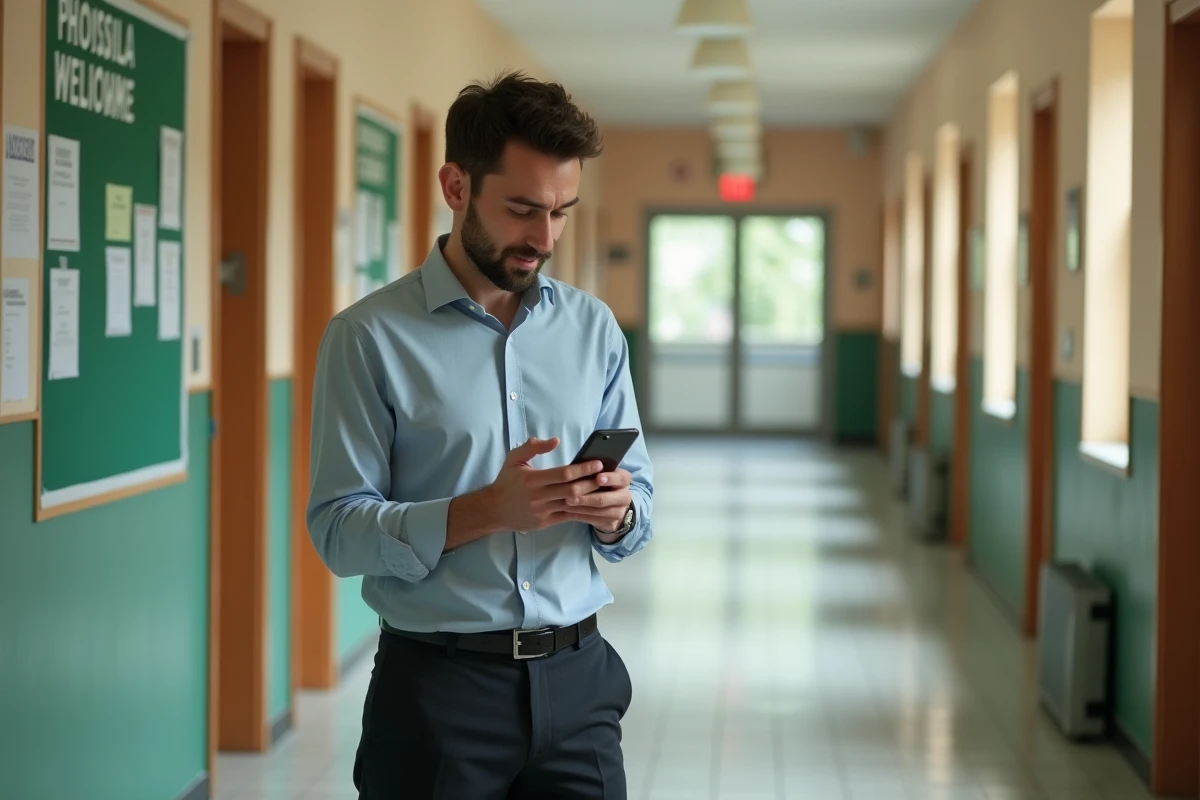 Nouveau personnel enseignant consultant sa messagerie Mel académique sur smartphone dans le couloir d'un lycée de l'académie de Versailles