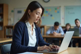 Enseignante utilisant le webmail dsden19 sur son ordinateur portable dans une salle des professeurs
