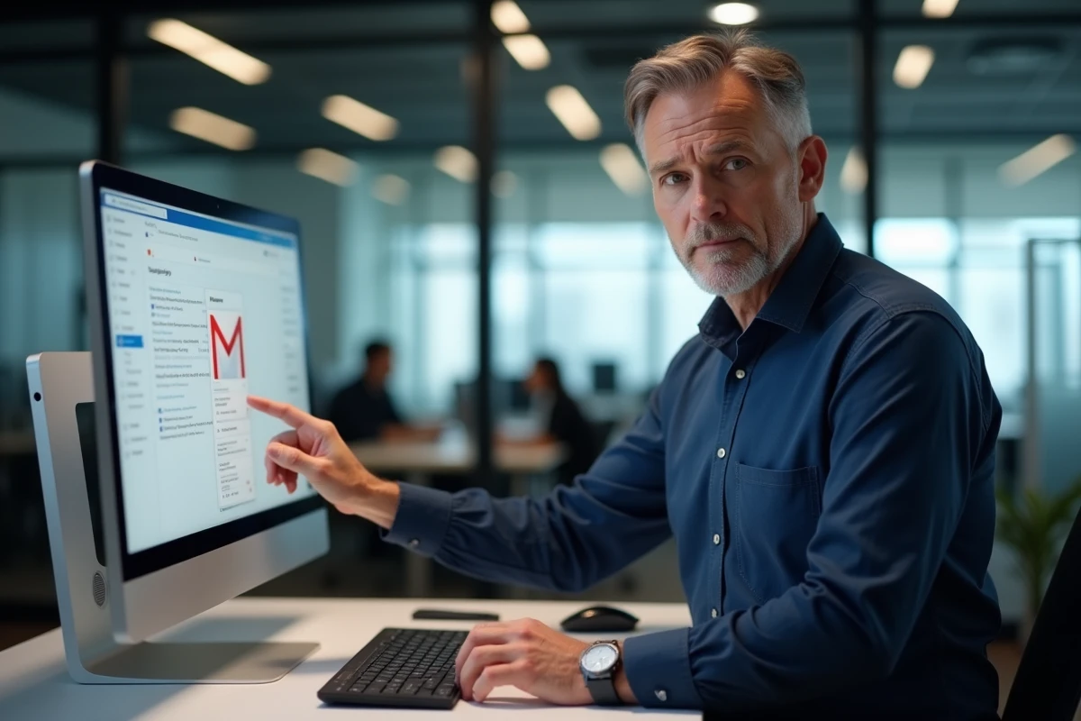 Homme en bureau moderne épinglant un raccourci Gmail sur le bureau de son ordinateur