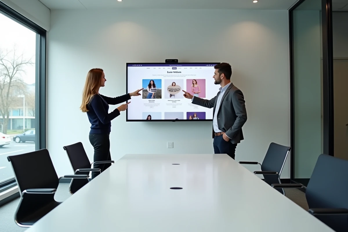 Équipe d'une agence web présentant un site internet e-commerce finalisé à un client en salle de réunion