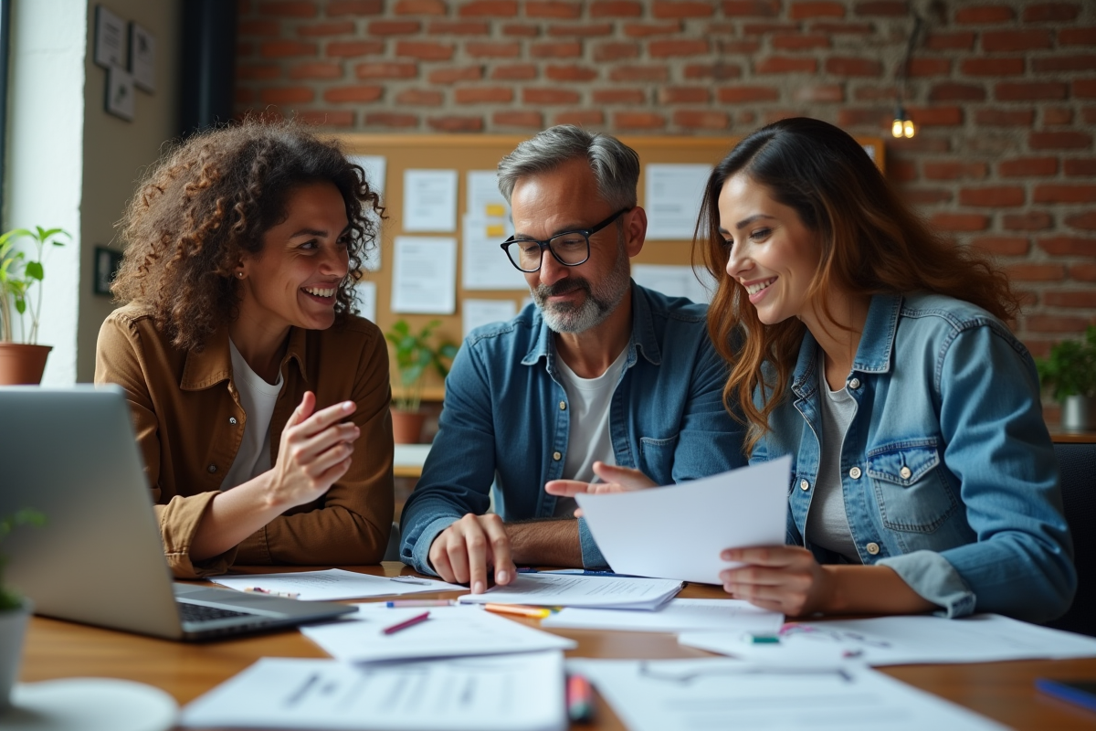 Équipe diverse collaborant autour de prototypes et ordinateurs