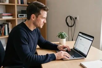 Homme frustré face à une erreur DNS sur son ordinateur portable dans un bureau à domicile