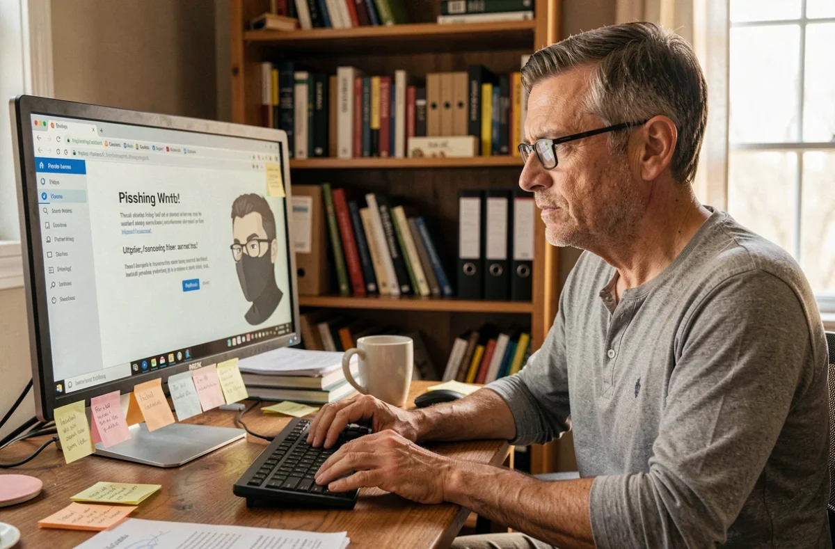 Homme à domicile identifiant une erreur d'URL masquée sur son ordinateur de bureau avec avertissement de phishing