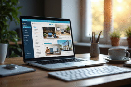 Espace de travail moderne avec ordinateur portable et lumière naturelle