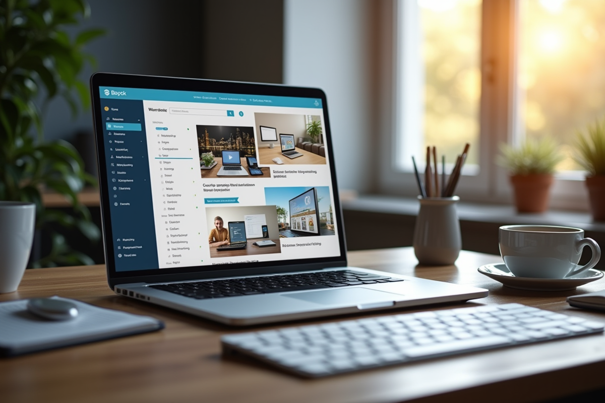 Espace de travail moderne avec ordinateur portable et lumière naturelle