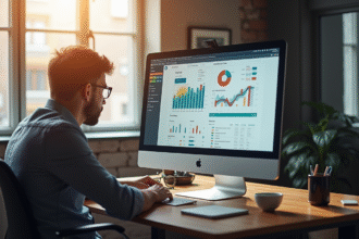 Espace de travail moderne avec un ordinateur affichant des données SEO