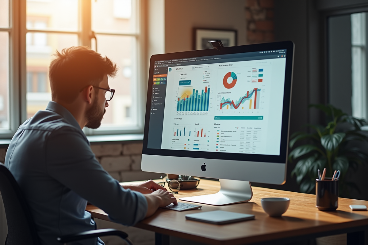 Espace de travail moderne avec un ordinateur affichant des données SEO