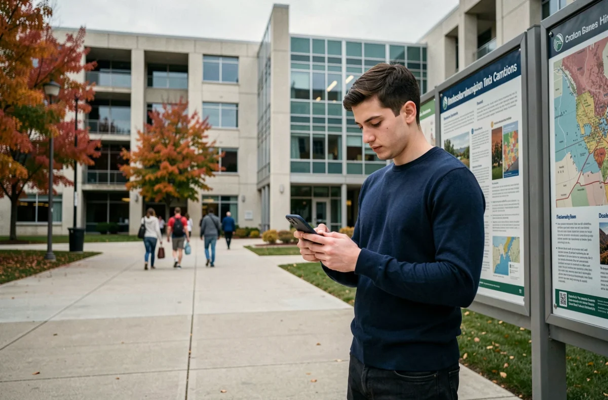 Nouvel étudiant consultant sa messagerie universitaire sur smartphone devant un bâtiment du campus Grenoble INP