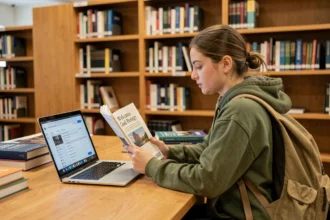 Étudiante consultant son guide d'accueil et sa boîte mail sur ordinateur portable dans une bibliothèque universitaire de Grenoble INP