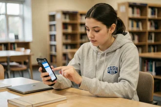 Étudiante configurant sa messagerie Zimbra sur smartphone dans une bibliothèque universitaire