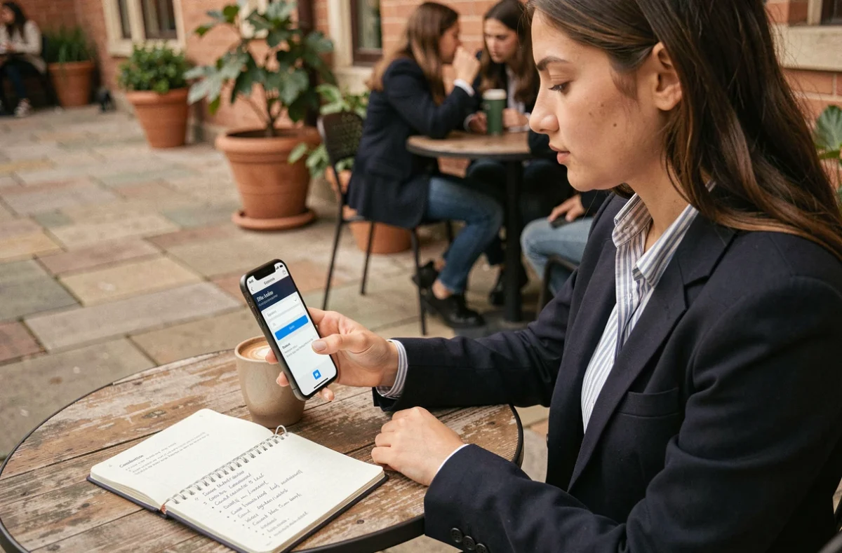 Étudiante paramétrant Zimbra sur son téléphone en terrasse avec ses notes de configuration