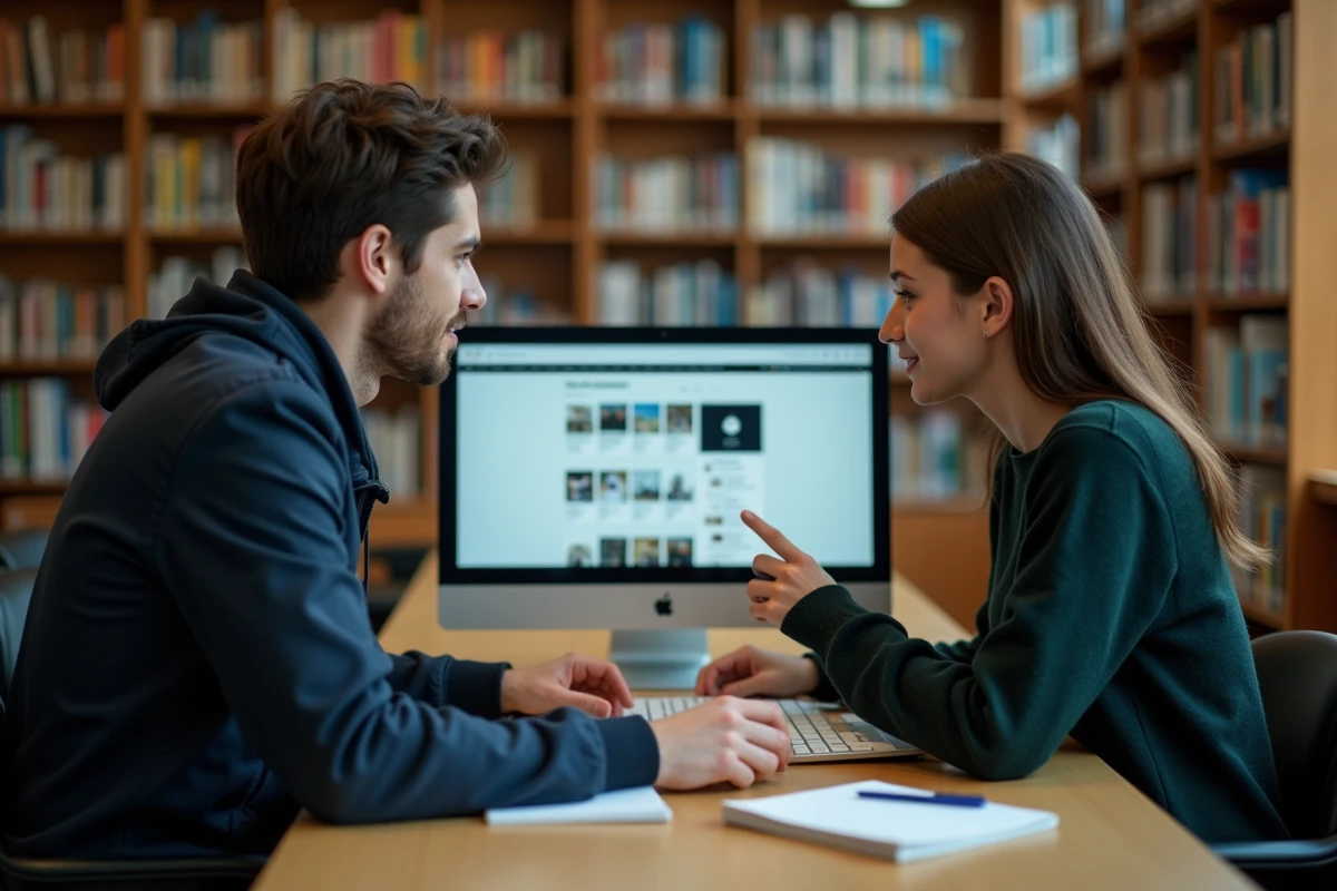 Deux étudiants consultant ensemble des archives de forum sur un ordinateur en bibliothèque universitaire