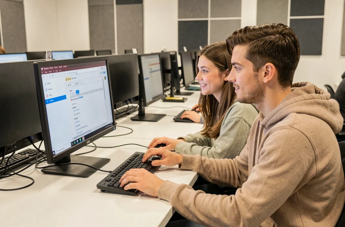 Deux étudiants configurant ensemble le webmail Grenoble INP sur un poste informatique dans une salle informatique universitaire
