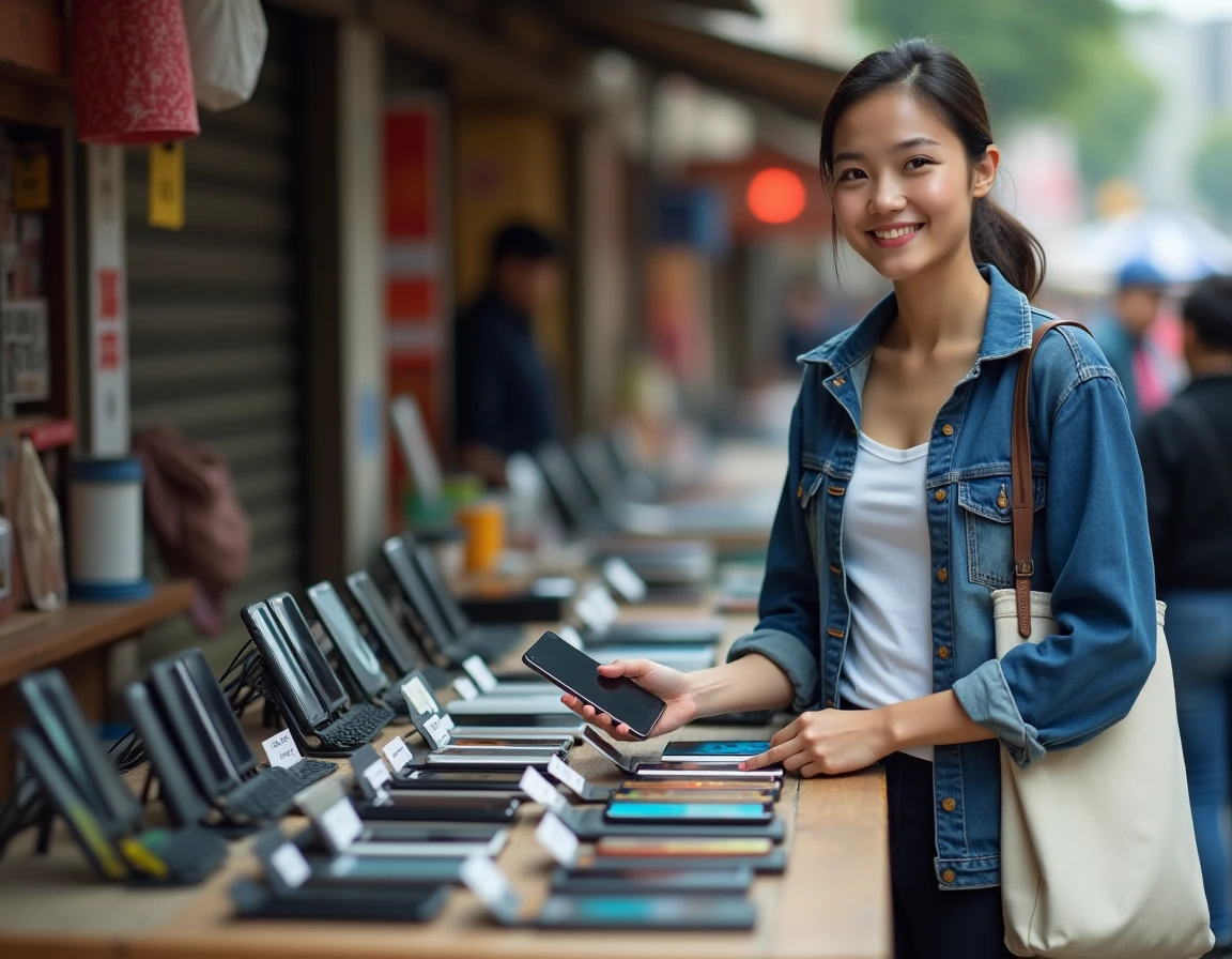 Femme choisissant un Huawei P10 Lite d'occasion sur un marché de téléphones reconditionnés