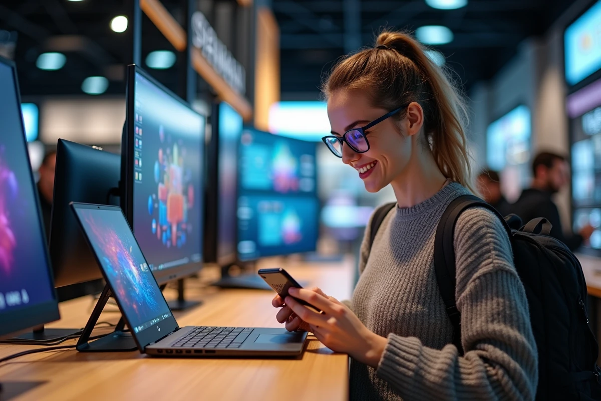 Femme achetant un ordinateur portable gaming dans un magasin d’électronique