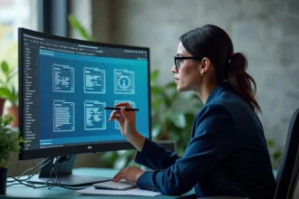 Femme professionnelle analysant la différence entre infrastructure internet et navigation web sur double écran en bureau moderne
