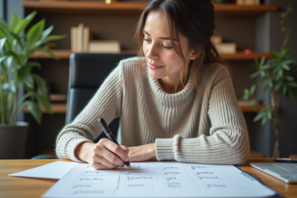 Femme en bureau annotant des mots clés sur un cahier