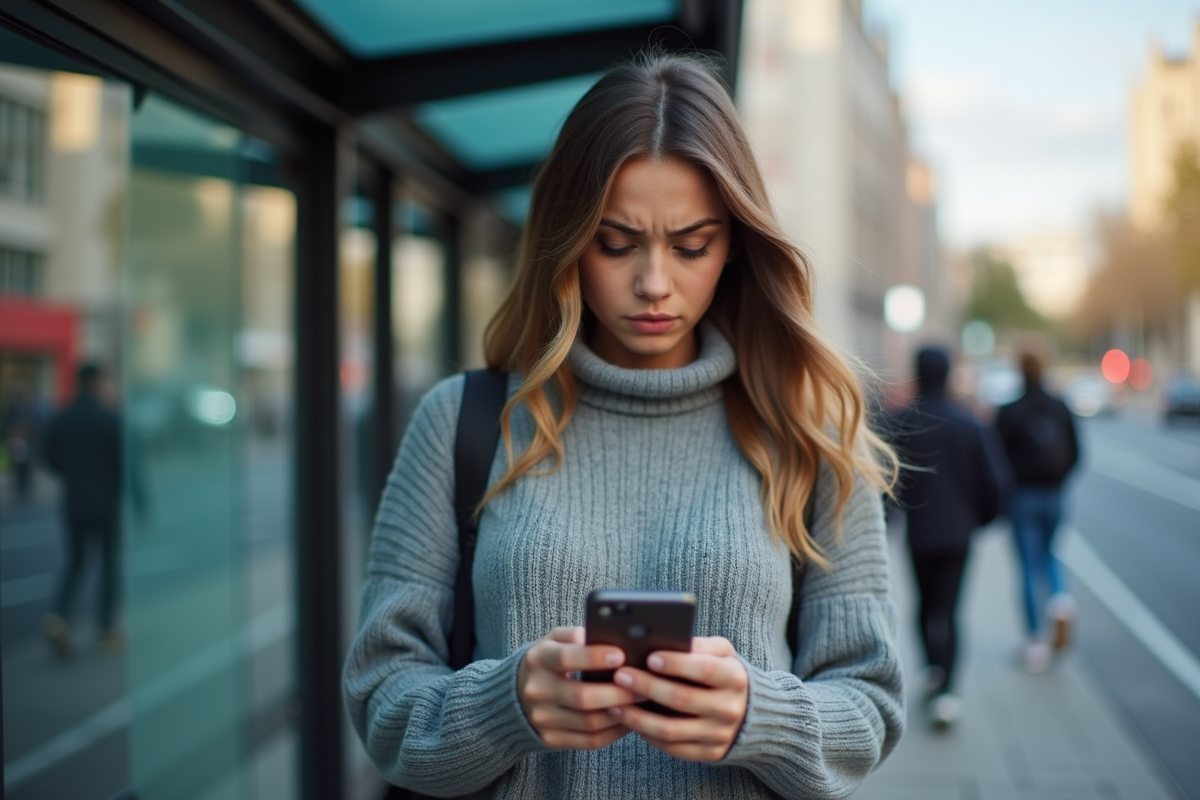 Jeune femme au arrêt de bus utilisant son smartphone pour VPN