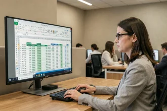 Femme concentrée devant un écran Excel affichant des formules de soustraction dans un grand tableau de données financières
