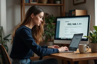 Jeune femme concentrée travaillant sur son ordinateur portable à domicile