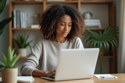 Femme assise à un bureau moderne travaillant sur un ordinateur portable