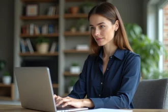 Femme professionnelle en bureau à domicile concentrée sur son ordinateur