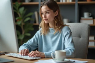 Jeune femme travaillant sur un ordinateur dans un bureau moderne