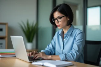 Femme professionnelle travaillant sur un ordinateur dans un bureau