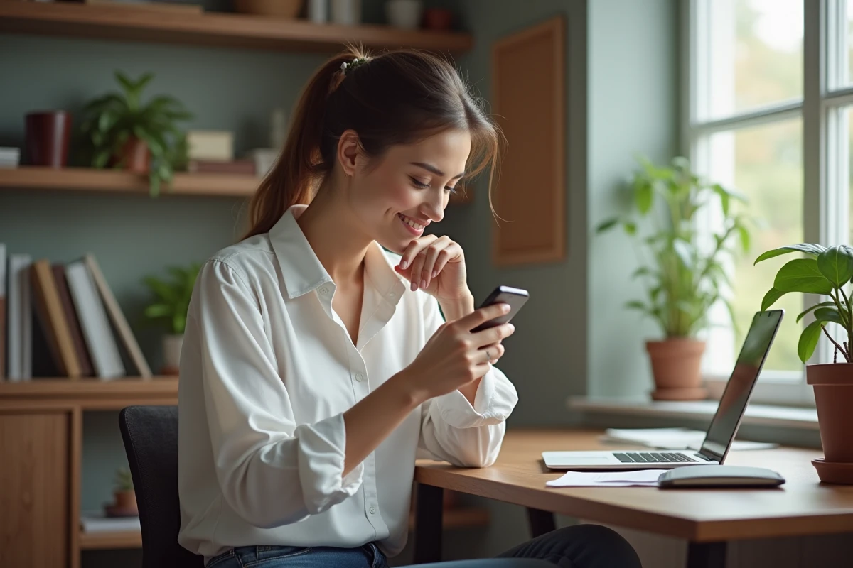 Jeune femme au bureau organisé utilisant son téléphone