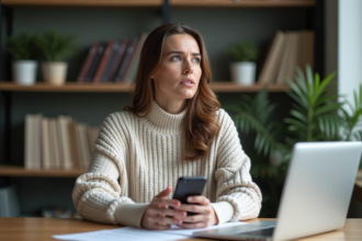 Femme d'âge moyen dans un bureau moderne avec smartphone