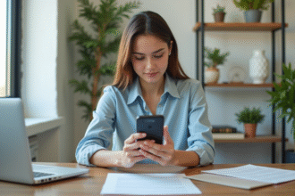 Jeune femme au bureau utilisant son smartphone