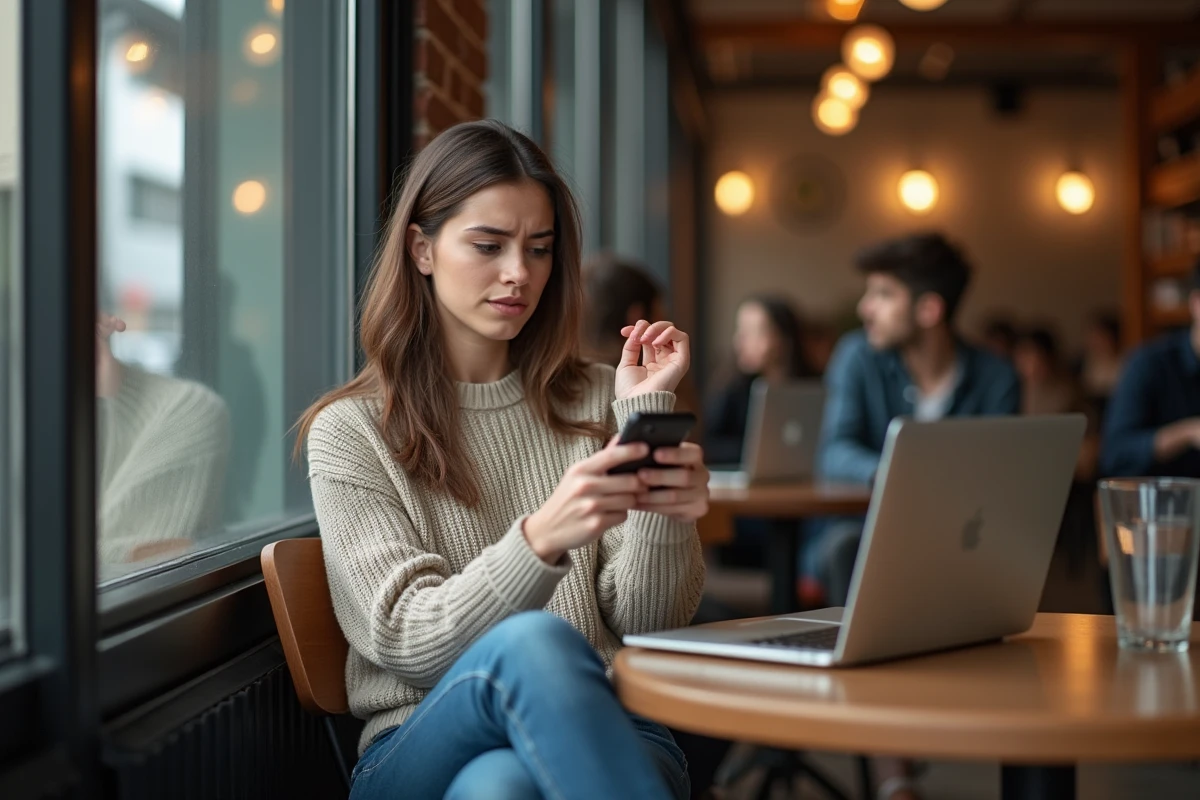 Femme au café avec expression de frustration pour l