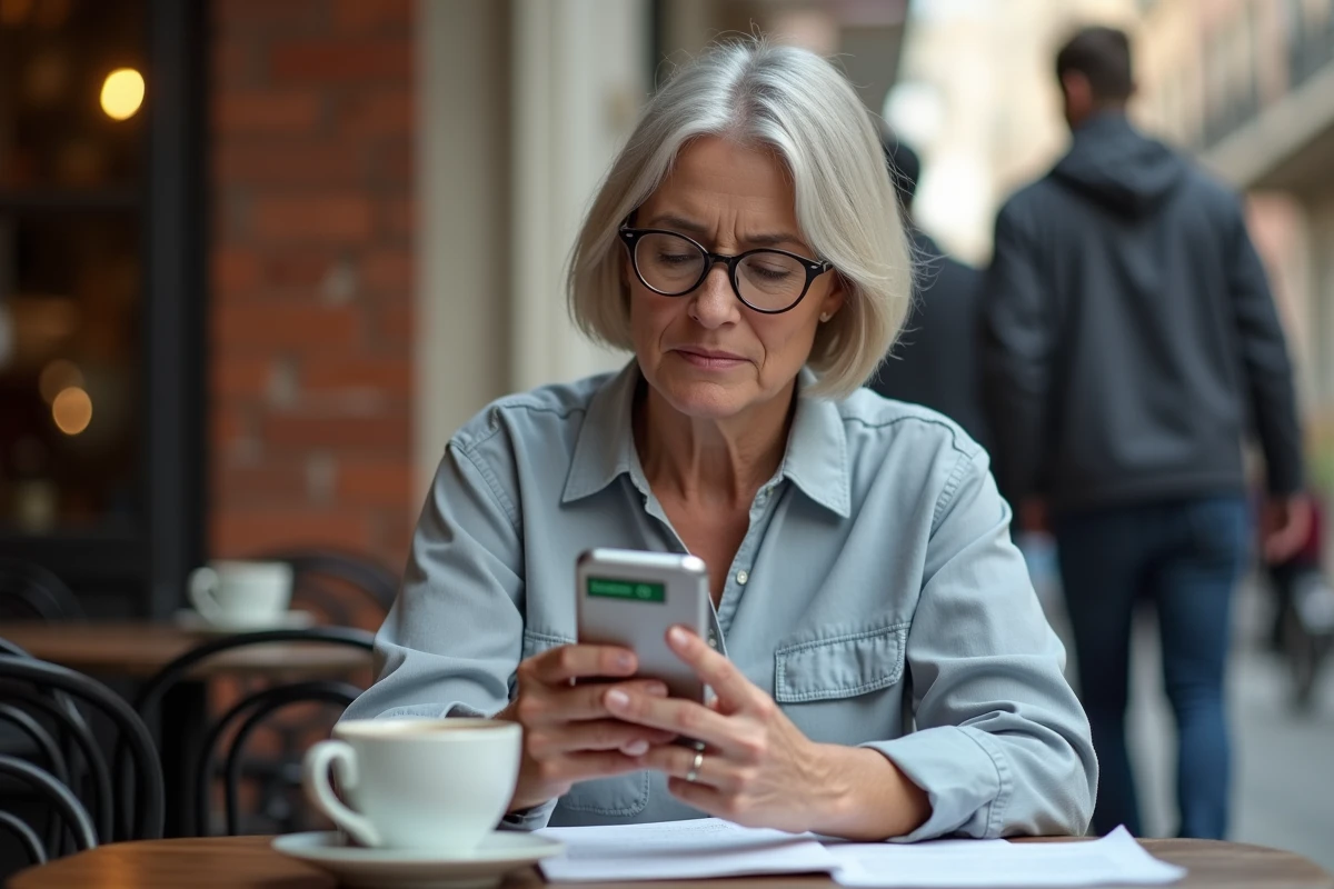 Femme au café regardant son smartphone avec un fichier MP3