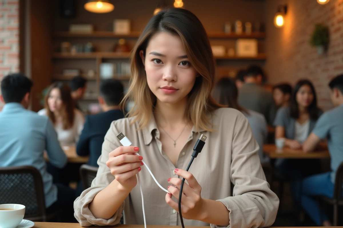 Femme tenant deux câbles USB-C et USB-A dans un café, illustrant la confusion des formats