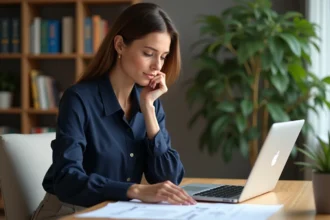 Femme concentrée dans son bureau à domicile avec carte mentale
