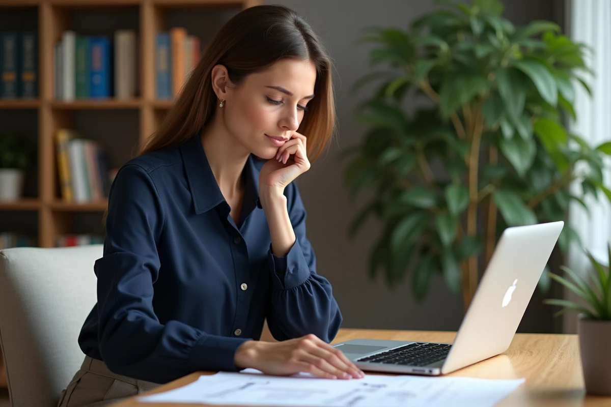 Femme concentrée dans son bureau à domicile avec carte mentale