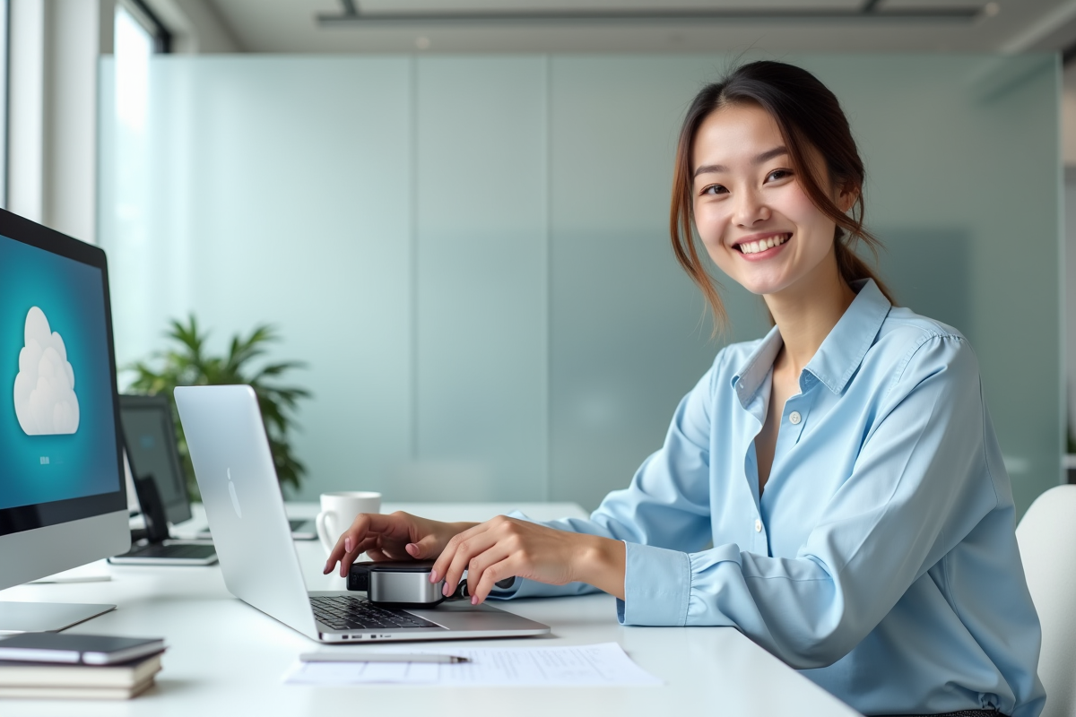 Femme branchant un disque dur externe dans un bureau minimaliste
