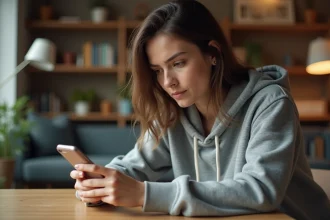 Jeune femme consultant des stories Instagram sur son smartphone de manière discrète et sécurisée