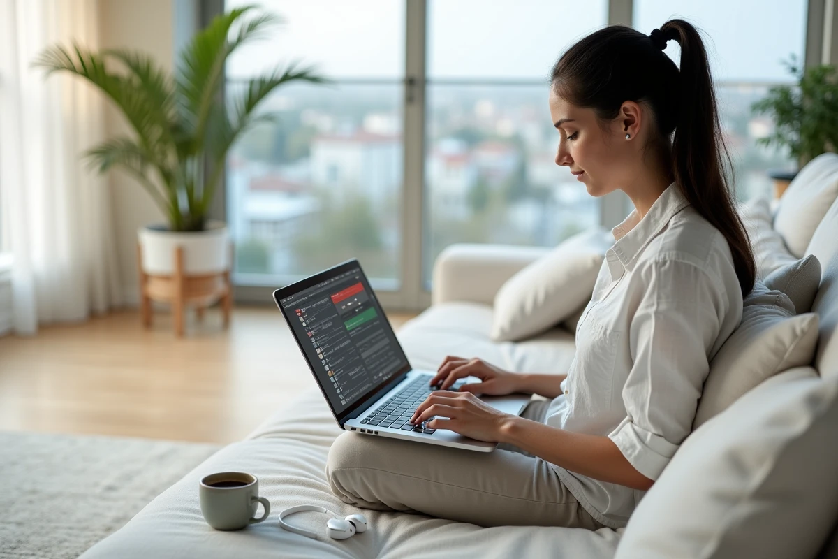 Femme convertissant des fichiers audio WAV hors ligne sur un MacBook dans un salon moderne et minimaliste