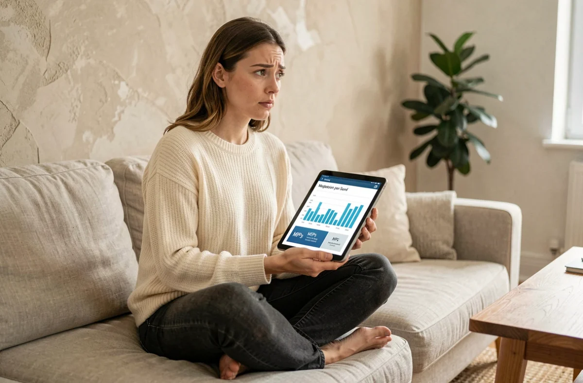 Femme consultant un tableau de conversion de Mbps en mégaoctets par seconde sur une tablette dans un salon moderne