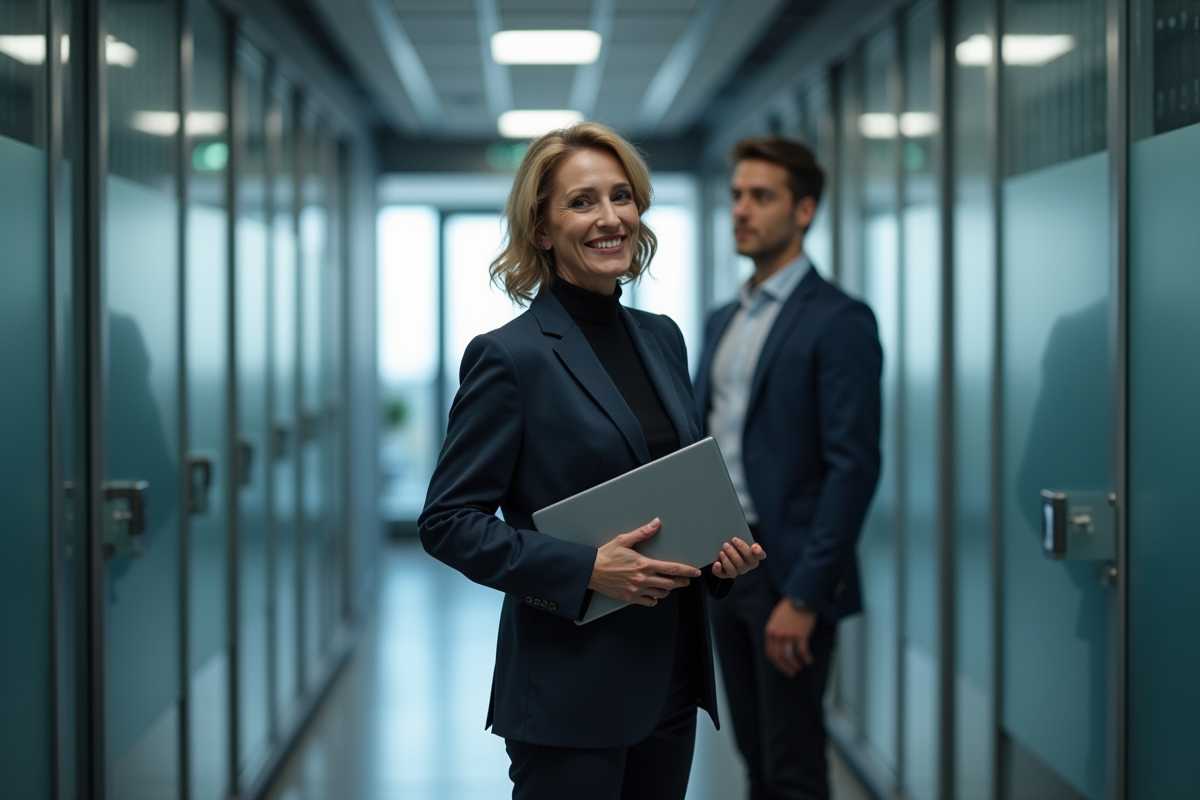 Femme en tenue professionnelle dans un couloir hightech