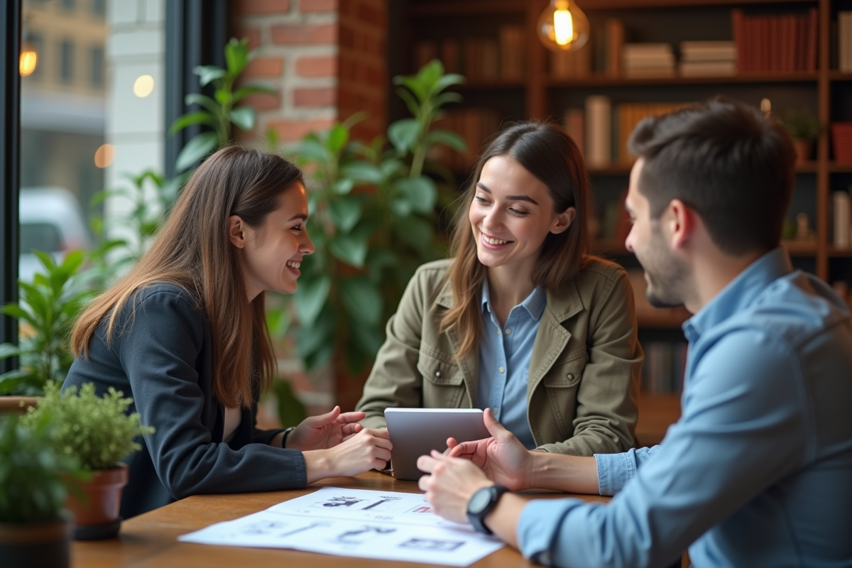 Jeune femme souriante discutant stratégie web avec une collègue au café